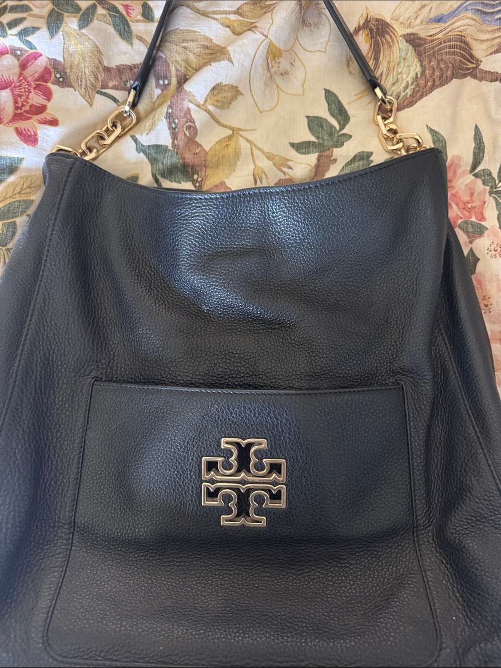 Tory Burch Black Pebbled Leather Shoulder Hobo with Gold Logo